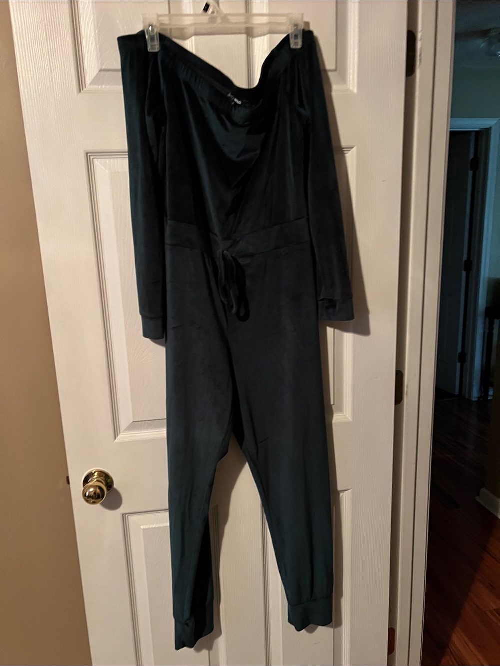Fashion Nova Off-Shoulder Dark Teal Jumpsuit with Drawstring Waist